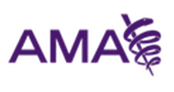 The image shows a logo with the word AMA in stylized purple letters on a gray background.